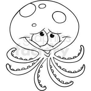 A black and white clipart image of a smiling octopus with large eyes and spots on its head.
