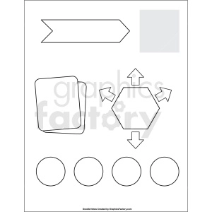 Clipart image containing various shapes including a ribbon arrow, square, overlapping rectangles, hexagon with arrows, and four circles.