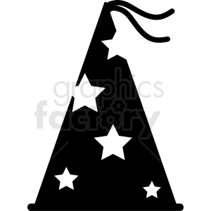 Black and white clipart of a wizard hat with star decorations.