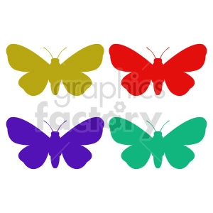 The image contains four butterflies, each a different color. The butterflies are depicted in a simple, flat graphic style. The colors are yellow, red, purple, and green, and the butterflies are arranged in a two-by-two grid against a white background.