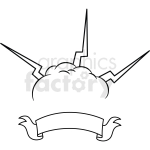 A black and white clipart image featuring a cloud with lightning bolts emanating from it and an empty ribbon banner below.