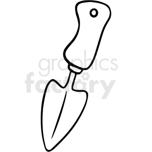 A black and white clipart image of a hand trowel, commonly used in gardening and landscaping.
