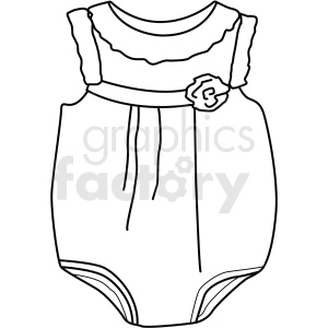 Black and white clipart illustration of a baby onesie with frills and a flower embellishment on the chest.