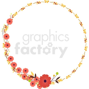 A circular floral frame adorned with red and orange flowers and small yellow berries, perfect for decorative and seasonal designs.