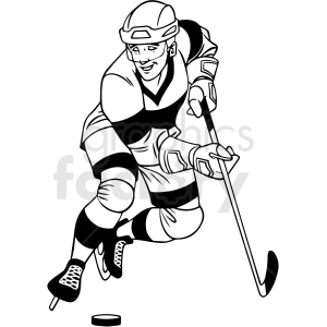 black and white hockey player with puck clipart