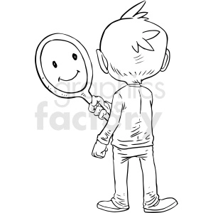 boy holding happy mirror black and white tattoo design 