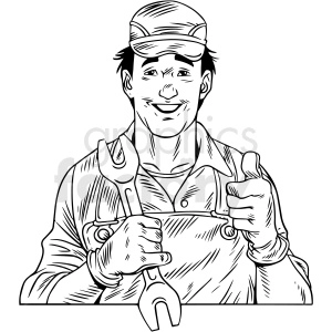 black white vintage mechanic giving thumbs up vector clipart