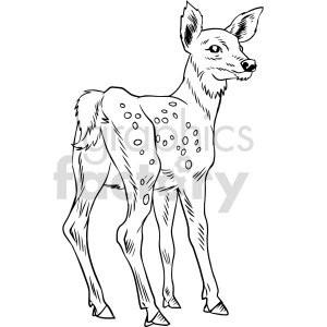 The clipart image depicts a stylized representation of a deer. The deer appears to be in a standing pose and has characteristics such as large ears, elongated legs, and spots on its body, suggesting it could be a depiction of a young deer, possibly a fawn.