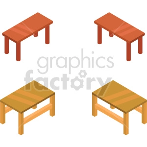 Isometric clipart image featuring four tables with different designs and colors. The top two tables are red, and the bottom two tables are brown.