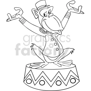 A black and white clipart image of a circus monkey dressed in an outfit, standing on a circus platform.