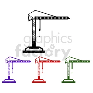 Clipart image of four tower cranes in different colors (black, purple, red, green) over a white background.