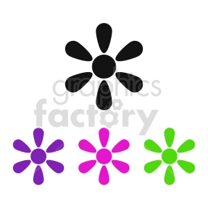 A collection of 4 flower heads, in purple, pink, green and black. 