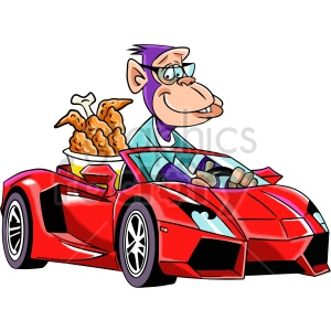 Monkey Driving Sports Car with Fried Chicken Cartoon