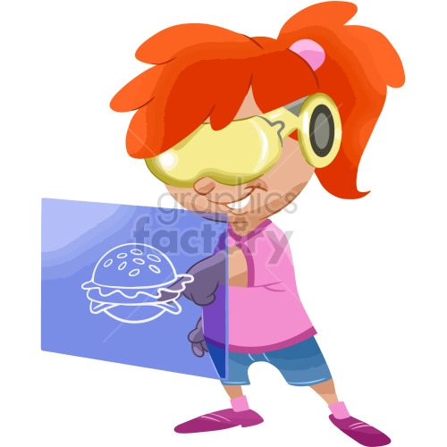The clipart image shows a cartoon girl wearing a VR headset and touch a virtual screen, immersed in a virtual reality world. The image suggests a virtual space where users interact with each other and digital objects using VR or AR technology.
