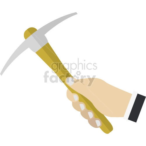 Illustration of a hand holding a pickaxe. The pickaxe has a wooden handle and a metal head.