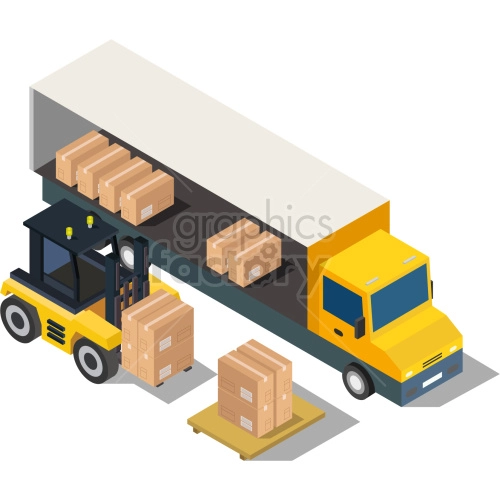 Isometric forklift loading semi truck vector graphic