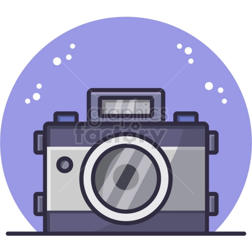 Clipart image of a vintage camera with a large lens, set against a purple circle background with white dots resembling light reflections. The camera has a retro design with a prominent viewfinder.