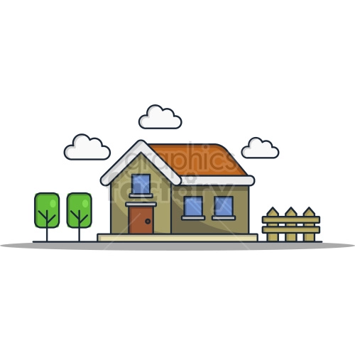 A clipart image of a house with a red roof, surrounded by trees, a wooden fence, and clouds in the sky.