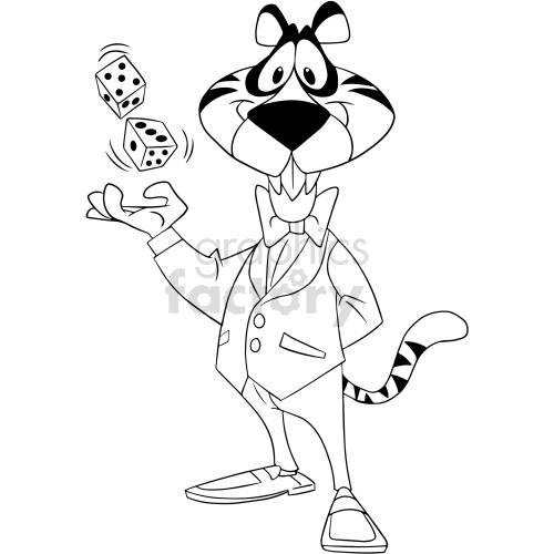 black and white cartoon tiger playing dice games clipart