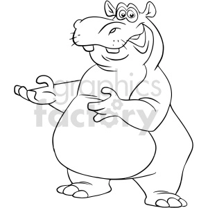 The image depicts a cartoon hippopotamus standing on its hind legs, smiling, and gesturing with its hands. The character has a large belly, a big grin with teeth showing, and appears in a friendly and welcoming posture.