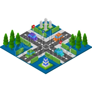 An isometric clipart image depicting a 4-way intersection in a park or urban setting. It features cars of different colors, road signs, trees, bushes, and a fountain.