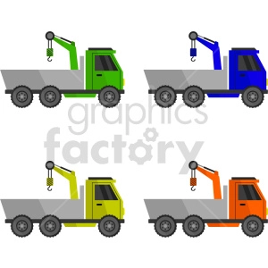 This clipart image features four different lift trucks, each with a crane hook attached, in various colors: green, blue, yellow, and orange. The trucks are depicted in a simple, cartoonish style, each on a white background.