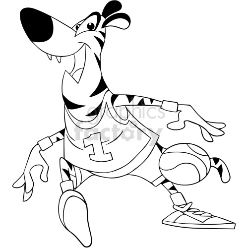 The clipart image shows a cartoon tiger playing basketball in black and white. The tiger is standing on its hind legs, holding a basketball with its front paws and wearing basketball shorts. It has a determined expression on its face as it prepares to shoot or pass the ball.
