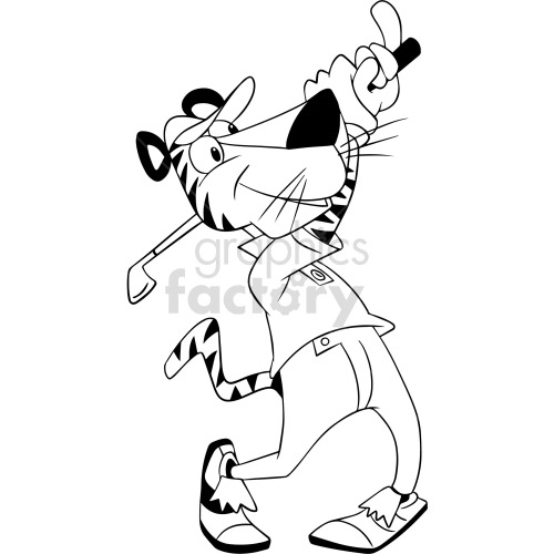 black and white cartoon tiger playing golf clipart
