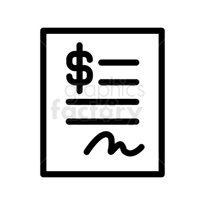 A clipart image of a financial document or invoice featuring a dollar sign, text lines, and a signature.