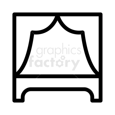 A simple black and white clipart image of a bed with canopy curtains 