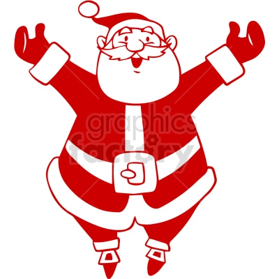 A red and white clipart image of Santa Claus with his arms raised and a cheerful expression.
