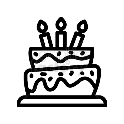 This is a black and white clipart image of a two-tier birthday cake with three lit candles on top. The cake is decorated with icing and sprinkles.