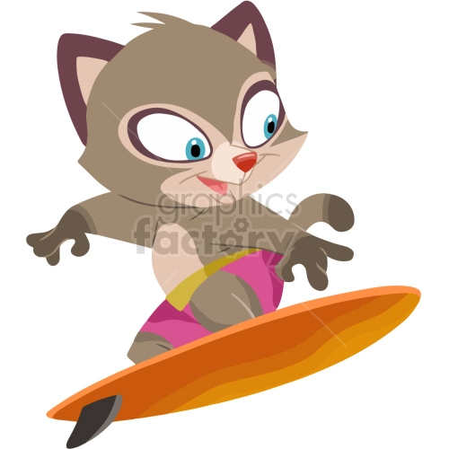 The clipart image shows a cartoon cat riding a surfboard on the ocean waves. The cat is standing on the board with its front paws extended. It appears to be enjoying the surfing experience.
