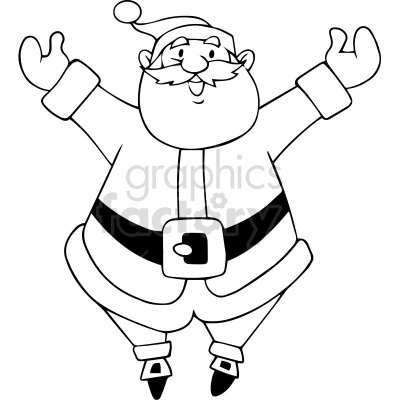 Black and white clipart image of a cheerful Santa Claus with a big smile, raising his hands in joy while wearing a traditional Christmas outfit with a hat.