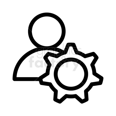 A simple black and white clipart image featuring an outline of a person and a gear symbol.