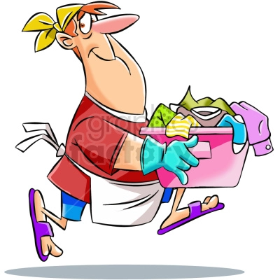 The clipart image shows a cartoon man who is a stay-at-home dad doing laundry. He is holding a laundry basket while walking. The man has a happy expression on his face, indicating that he is enjoying the task of doing the laundry.
