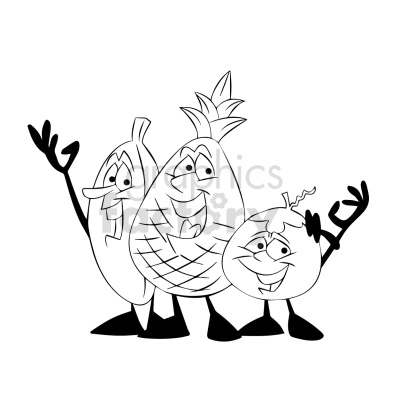 This clipart image features three animated fruits: a banana, a pineapple, and an apple, all with expressive faces and limbs. The characters are smiling and have their arms raised in a friendly gesture.