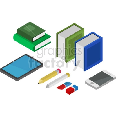 The clipart image depicts a collection of educational supplies, including books and electronic devices, arranged in an isometric view. The books are stacked on top of each other, while the electronic devices, such as a laptop, tablet, and smartphone, are placed nearby. This arrangement suggests that these items are commonly used in a classroom or learning environment.
