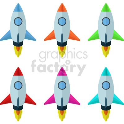 The clipart image shows a set of colorful cartoon rockets. There are six rockets in different colors, designs, and sizes. Each rocket has a cylindrical body with fins at the bottom and a pointed nose cone at the top. The rockets are depicted as if they are flying or launching into space, with flames coming out of their engines. The image is meant to represent rockets in a playful and whimsical way, rather than a realistic portrayal.
