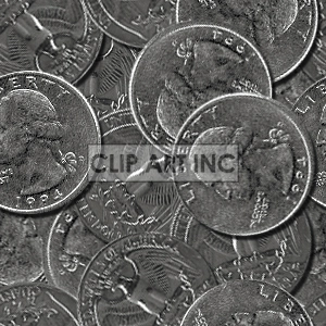 A clipart image showing a pile of U.S. quarters featuring the head of George Washington.