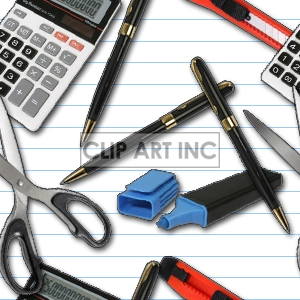 Clipart image featuring various office supplies including calculators, scissors, pens, a pencil sharpener, and a highlighter on a lined paper background.