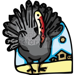 Colorful clipart illustration of a turkey with its tail feathers spread in a fan shape, standing in front of a blue sky and a small barn.