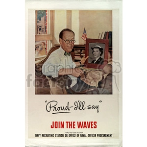 A vintage recruiting poster for the WAVES (Women Accepted for Volunteer Emergency Service) that shows an older man holding a framed photograph of a woman in a navy uniform. The text reads, 'Proud - I'll say,' 'Join the WAVES,' and provides recruitment information.