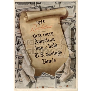 A scroll written with '1946 Resolution that every American buy and hold U.S. Savings Bonds', placed amidst a background of numerous savings bonds.