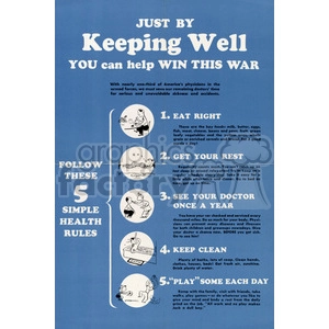 A vintage World War II health poster titled 'Just By Keeping Well You Can Help Win This War' featuring five simple health rules: 1. Eat Right; 2. Get Your Rest; 3. See Your Doctor Once A Year; 4. Keep Clean; 5. 'Play' Some Each Day. Each rule is accompanied by a small cartoon illustration.