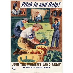 This clipart image is a vintage poster encouraging people to join the Women's Land Army of the U.S. Crop Corps. The image features women working in agriculture, harvesting crops, and engaging in farm labor. The slogan 'Pitch in and Help!' is prominently displayed at the top.