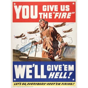 Illustration of a WWII pilot standing next to an aircraft, with flying planes in the background and motivational text urging support for the war effort.