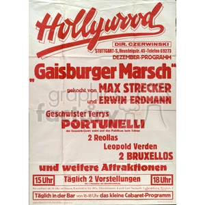 A vintage German poster advertising a December program at a place called 'Hollywood,' featuring various acts and a dish called 'Gaisburger Marsch' prepared by Max Strecker and Erwin Erdmann.