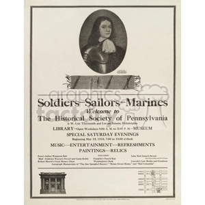A vintage promotional poster for an event at The Historical Society of Pennsylvania. The poster features a portrait of a historical figure and details about the library, museum hours, special Saturday evenings, and activities such as music, entertainment, refreshments, paintings, and relics.