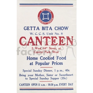 A vintage poster advertising a canteen operated by War Camp Community Service, Unit No. 8, located at 2 West 64th Street, Central Park West. The poster promotes home-cooked food at popular prices, with specific mentions of a special Sunday dinner for 40 cents, and a Sunday supper for 35 cents. The canteen is open every day from 11 a.m. to 10:30 p.m.
